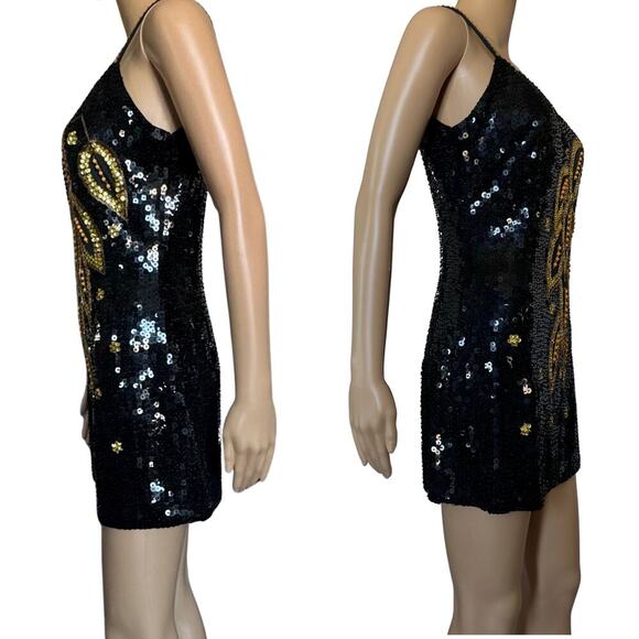 Beaded Sequin Womens Mini Dress Bodycon Party Cocktail Evening S/M Black Gold - Picture 3 of 10